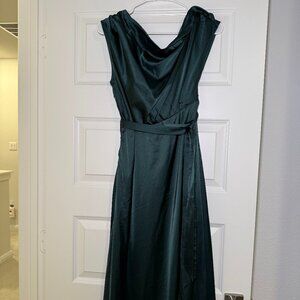 Grace Karin Dark Green Satin Off the Shoulder Midi Dress